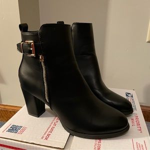Black Block Heel Faux Leather Boots- 11